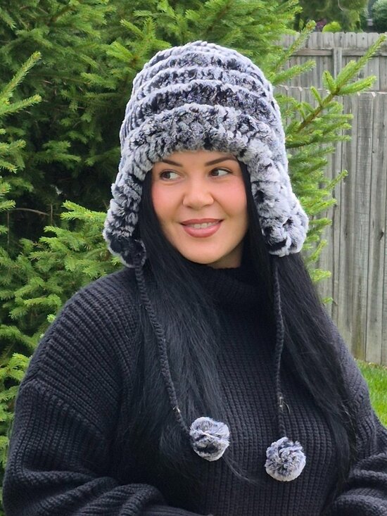 Silver Rex Rabbit Fur Earflap Hat, Knit Fur Ushanka with Pompoms, Aleutka Beanie main image 6
